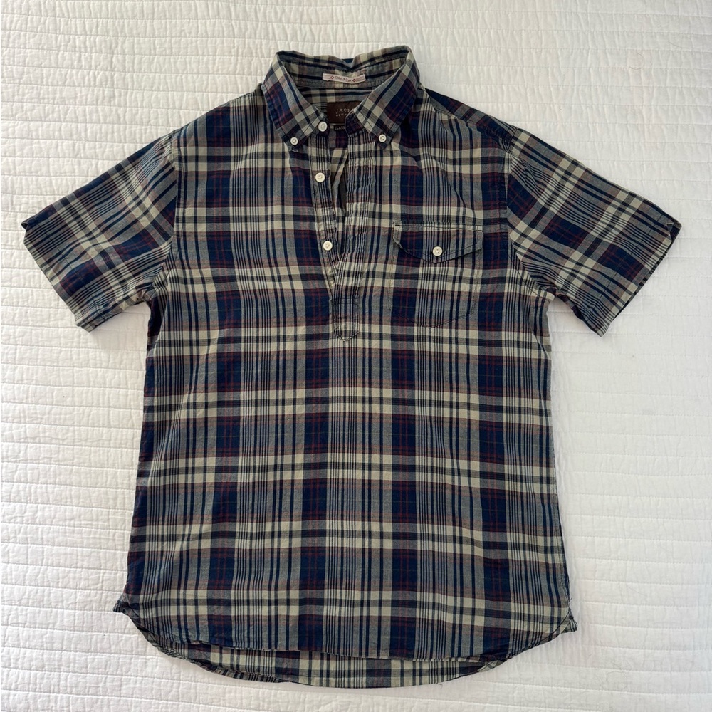 Vintage Men’s Popover Blue & Red Plaid Casual Button Down Shirt